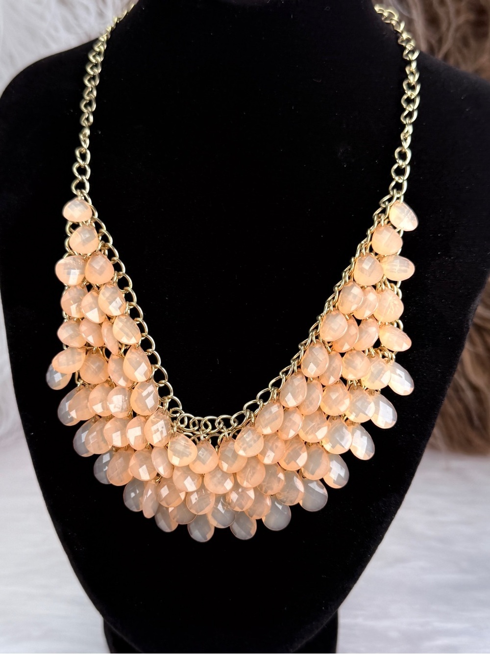 Peach Faceted Teardrop Cascade Bib Statement Necklace Gold Tone